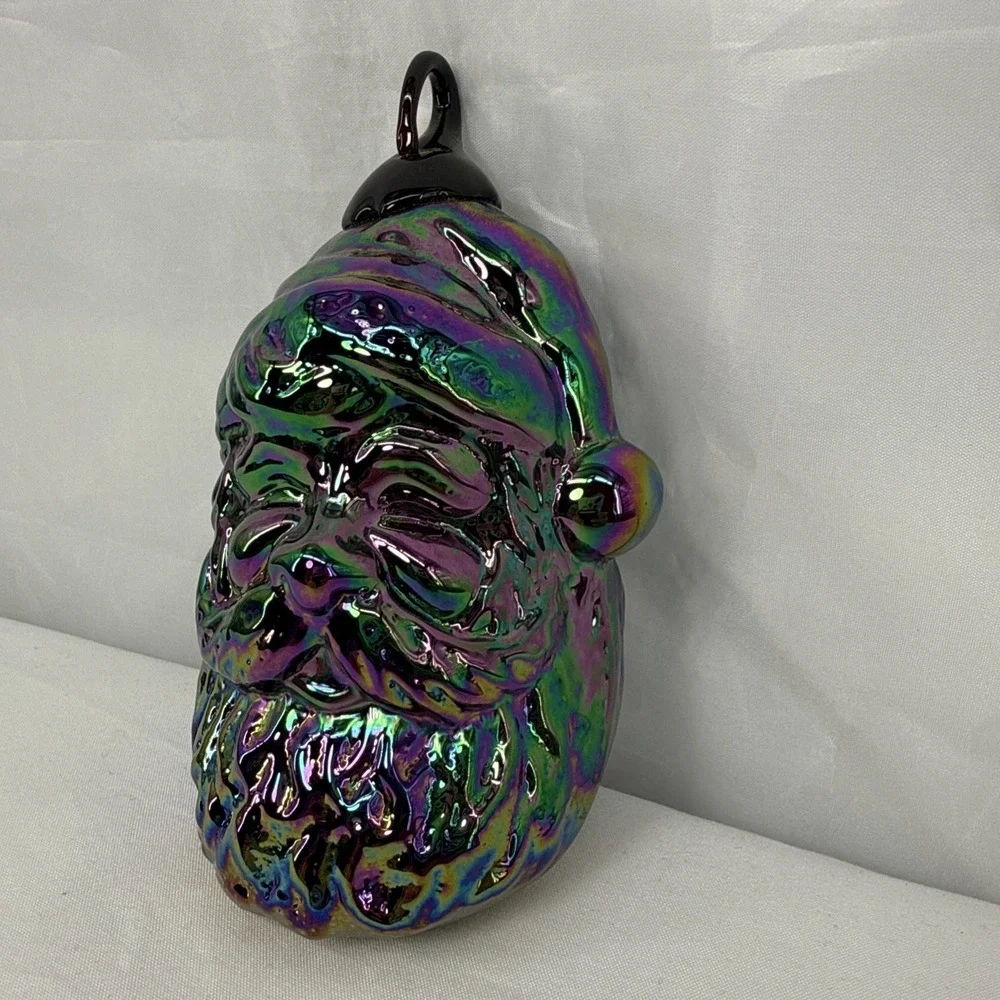 Iridescent Carnival Glass Santa Claus Head Christmas Ornament Heavy 4.5